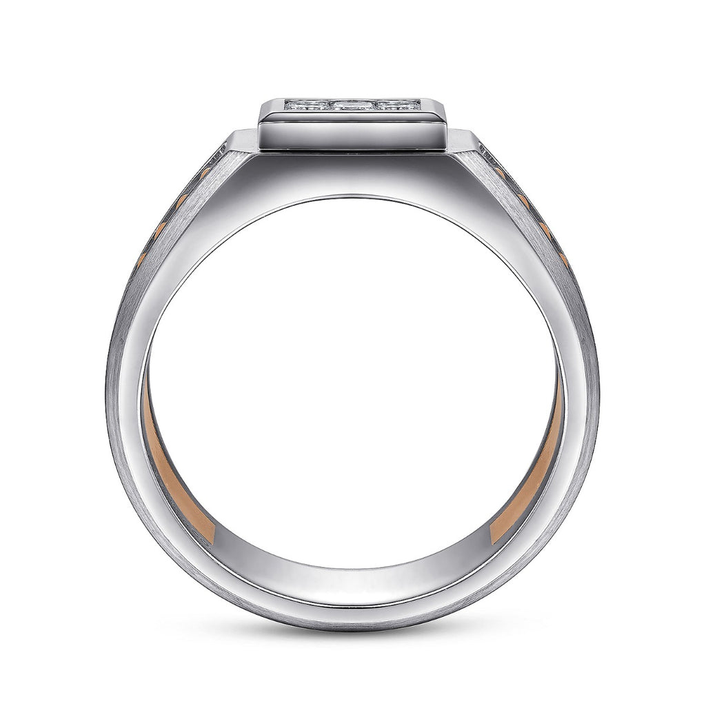 Wide 14K White-Rose Gold Ring with Pave Diamonds in High Polished Finish