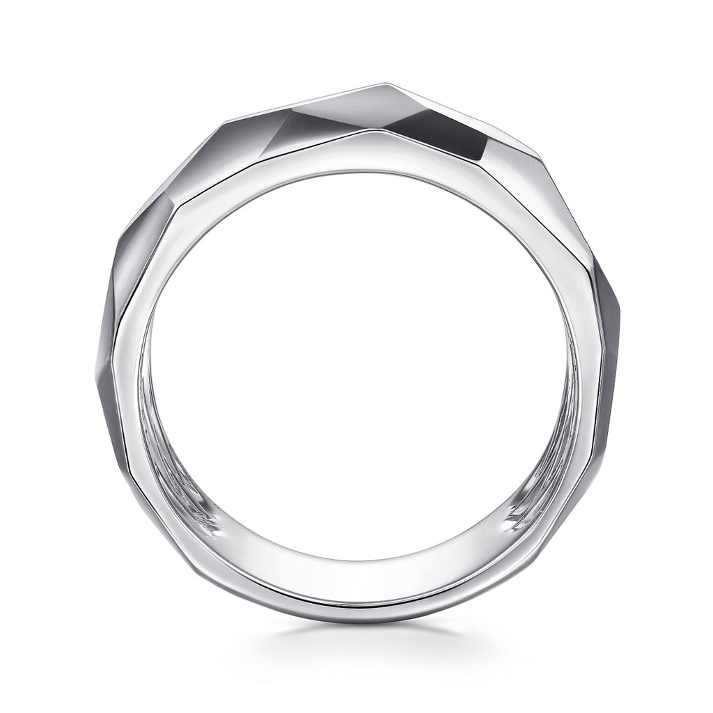 Wide 925 Sterling Silver Faceted Band in High Polished Finish