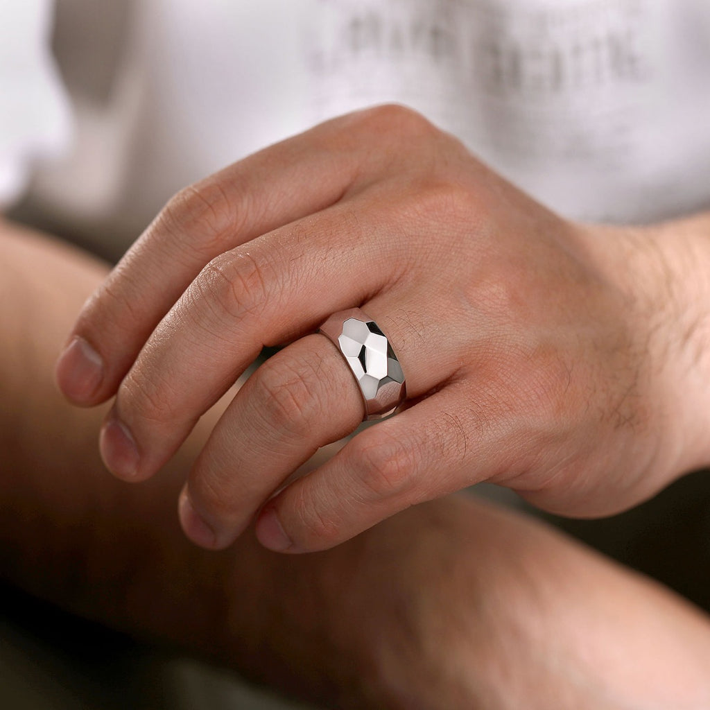 Wide 925 Sterling Silver Faceted Band in High Polished Finish