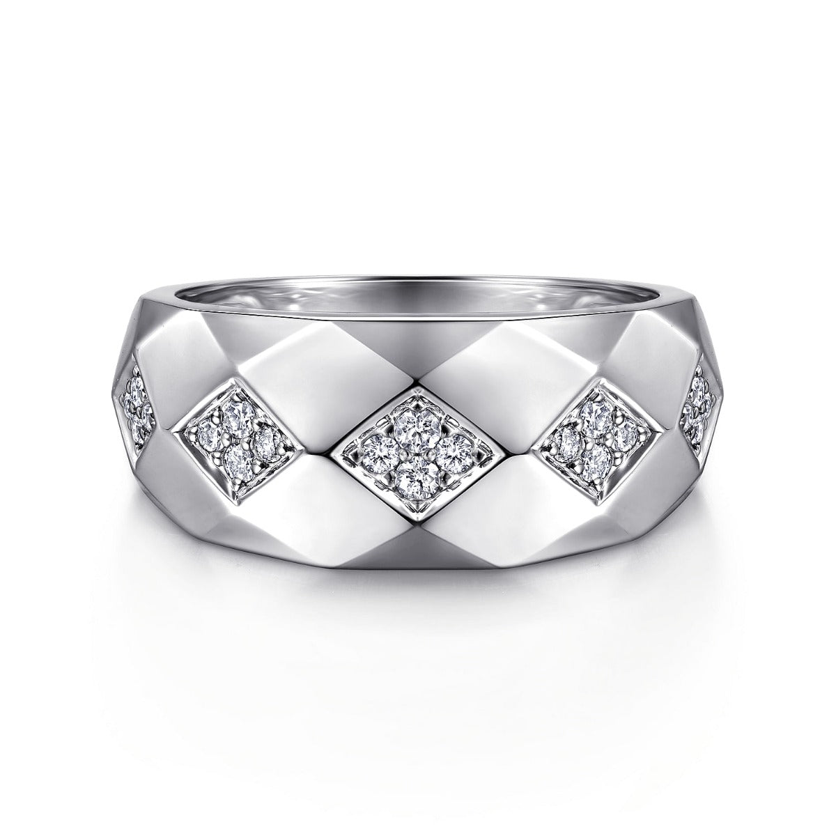 14K White Gold Faceted Diamond Ring in High Polished Finish