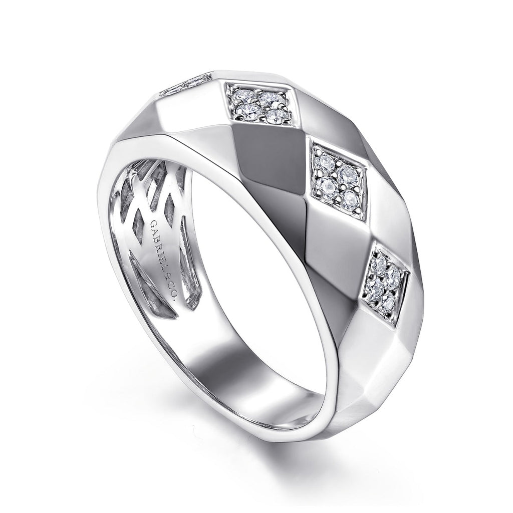 14K White Gold Faceted Diamond Ring in High Polished Finish