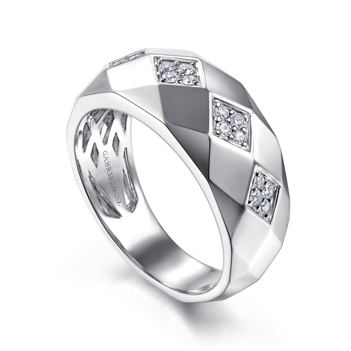 14K White Gold Faceted Diamond Ring in High Polished Finish