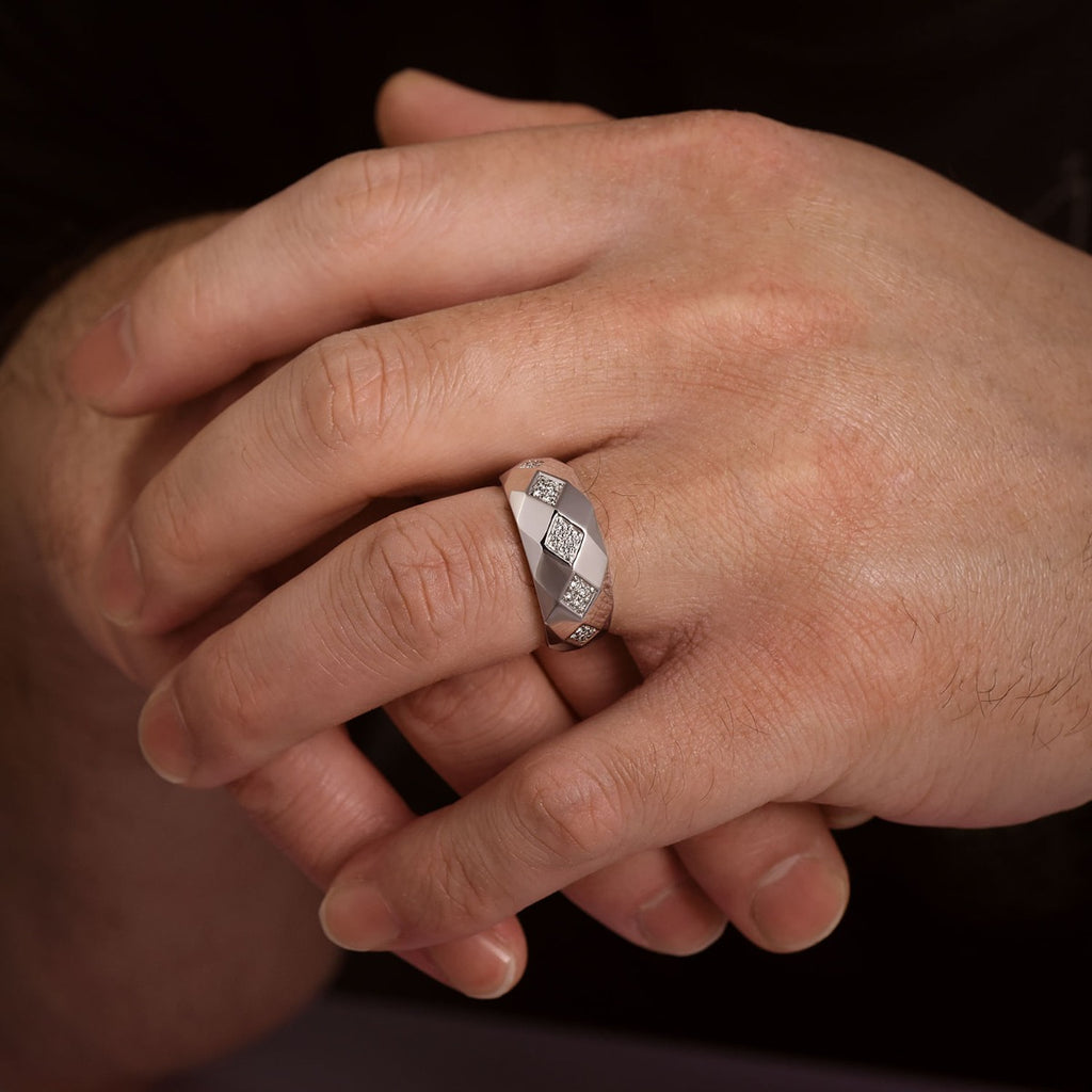 14K White Gold Faceted Diamond Ring in High Polished Finish