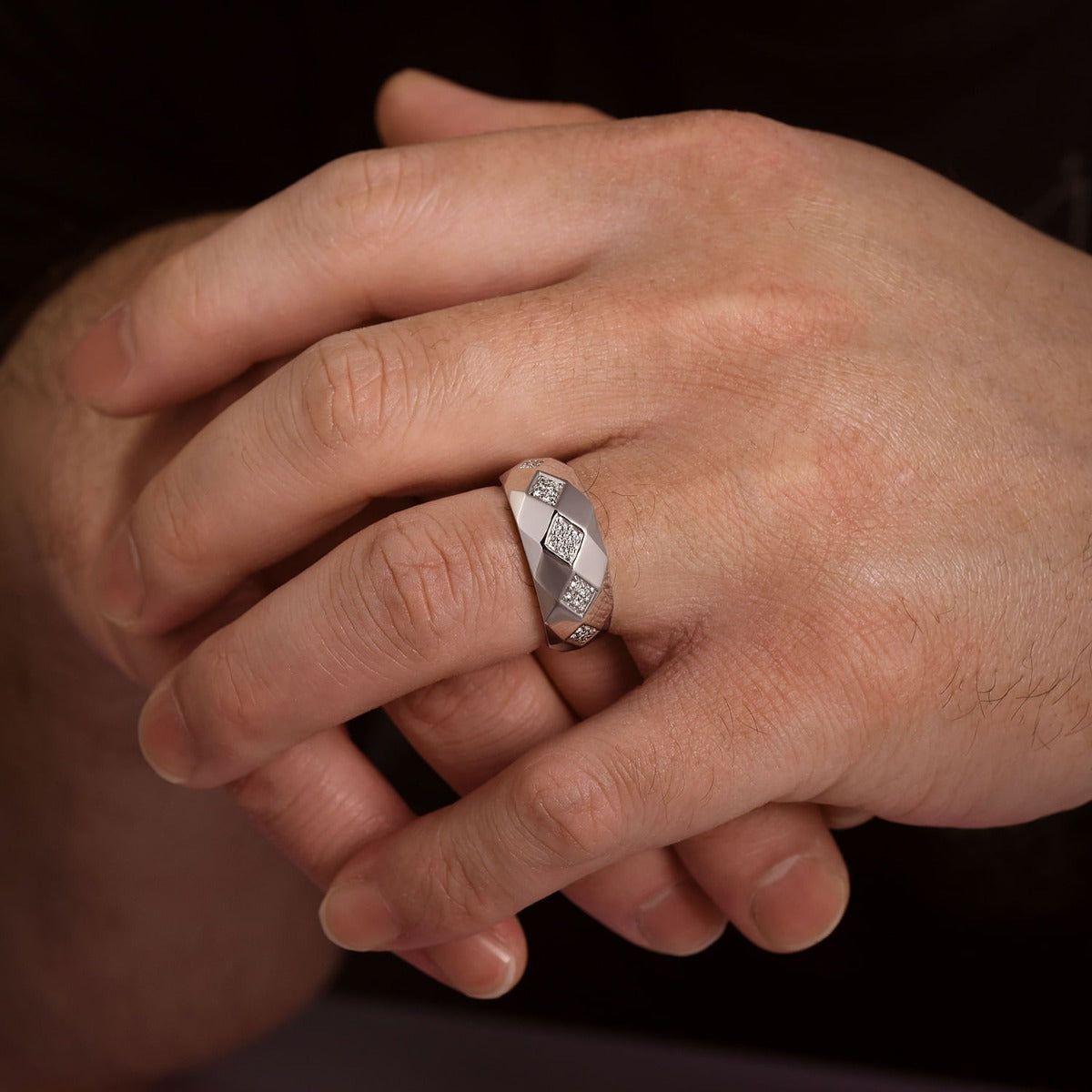 14K White Gold Faceted Diamond Ring in High Polished Finish