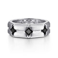 925 Sterling Silver Ring with Princess Cut Black Spinel Stations in Horizontal Brush Finish