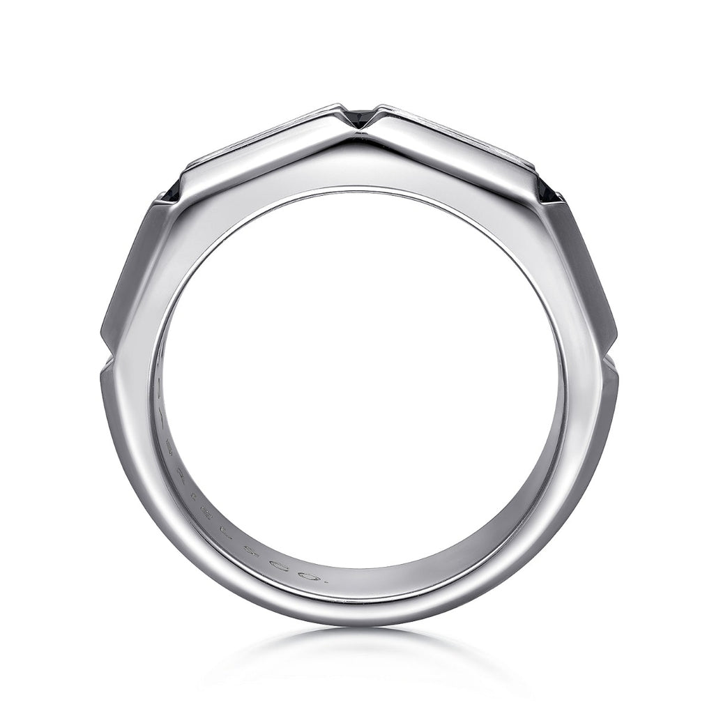 925 Sterling Silver Ring with Princess Cut Black Spinel Stations in Horizontal Brush Finish