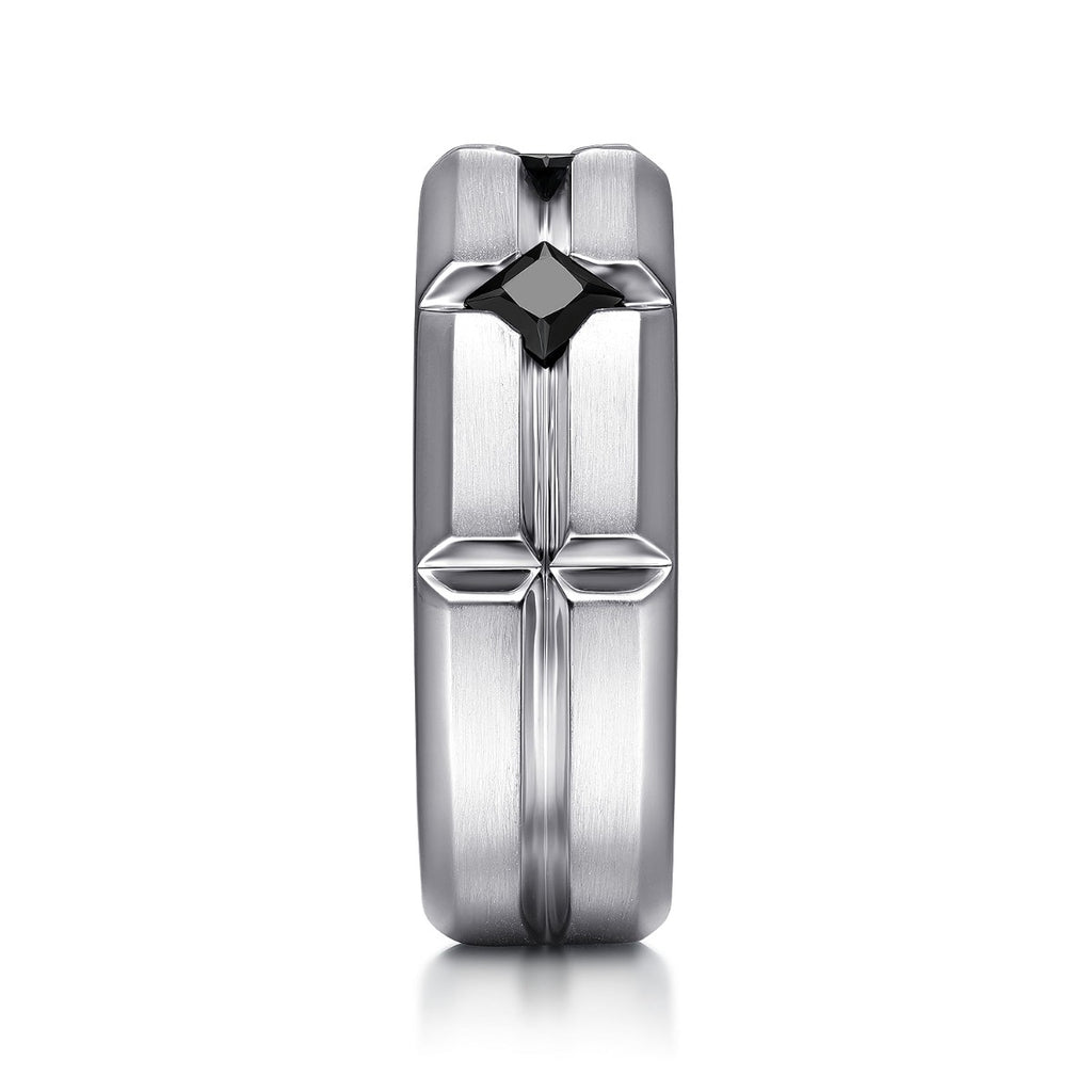 925 Sterling Silver Ring with Princess Cut Black Spinel Stations in Horizontal Brush Finish