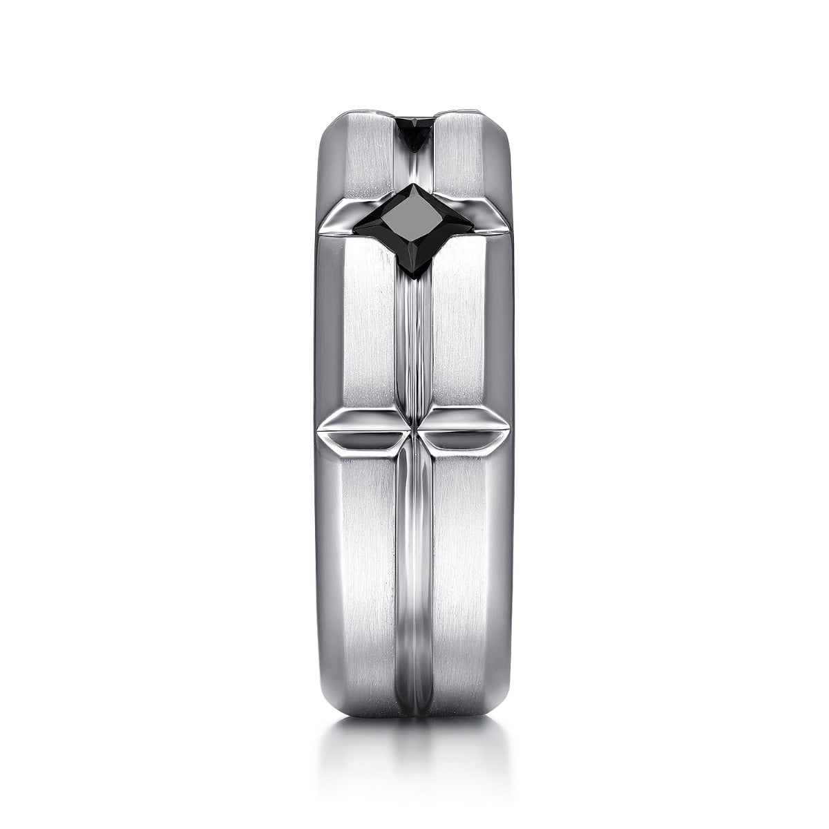 925 Sterling Silver Ring with Princess Cut Black Spinel Stations in Horizontal Brush Finish