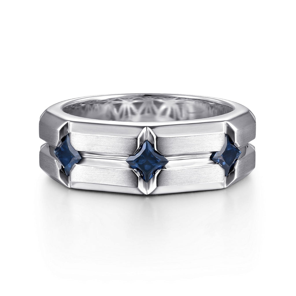 925 Sterling Silver Ring with Princess Cut Sapphire B quality Stations in Horizontal Brush Finish