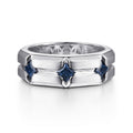 925 Sterling Silver Ring with Princess Cut Sapphire B quality Stations in Horizontal Brush Finish