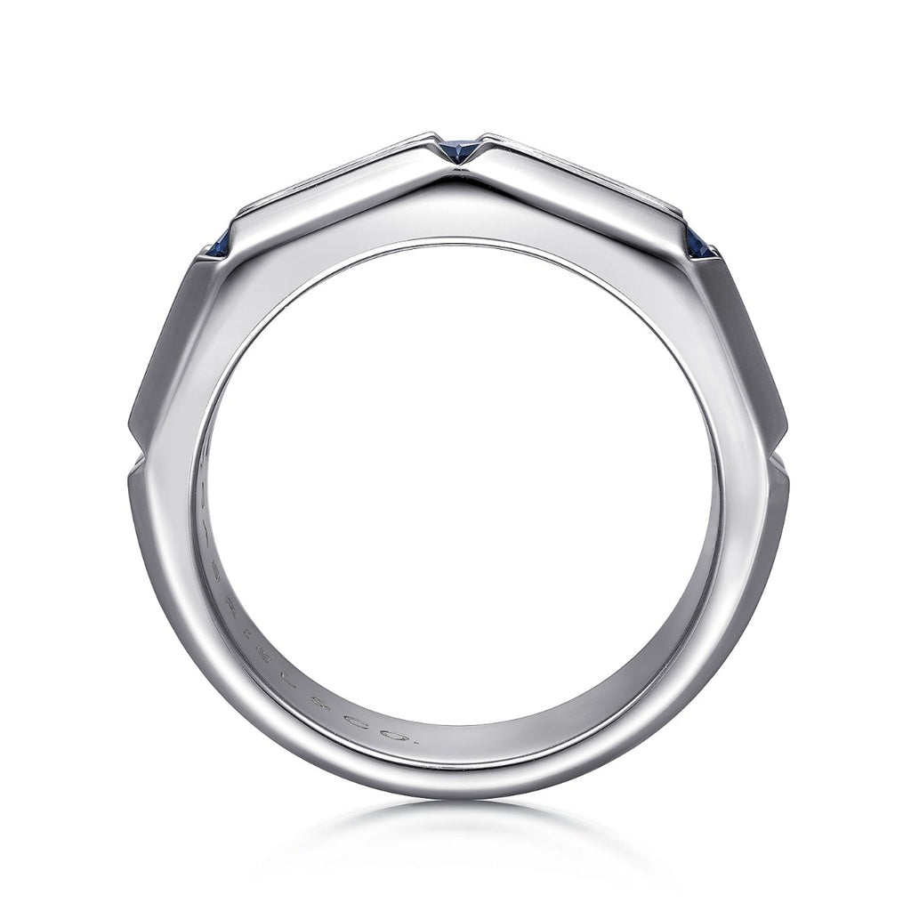 925 Sterling Silver Ring with Princess Cut Sapphire B quality Stations in Horizontal Brush Finish