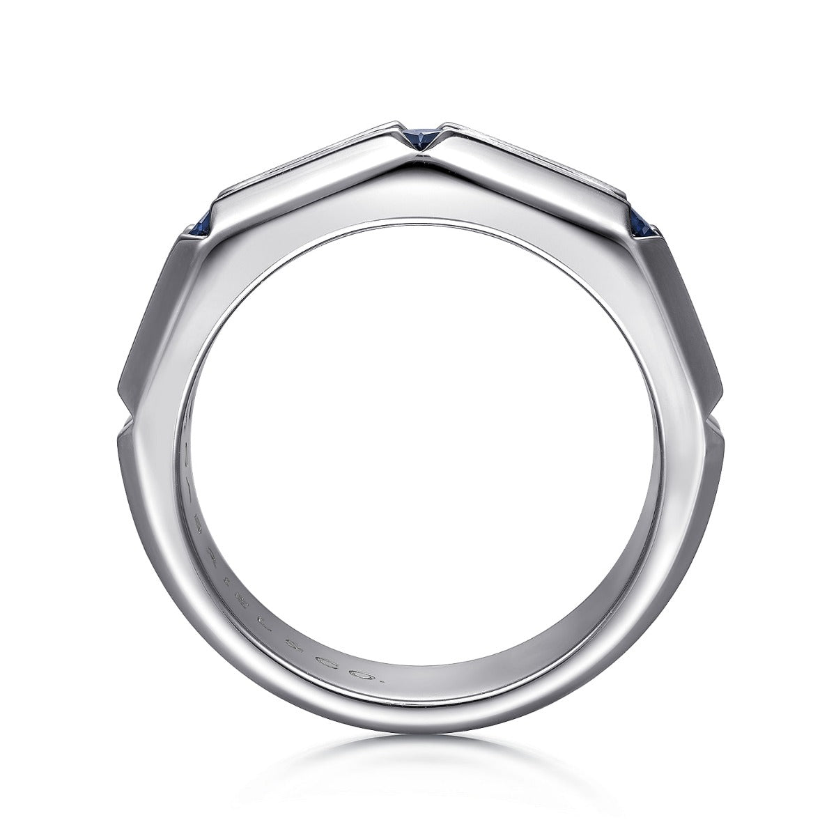 925 Sterling Silver Ring with Princess Cut Sapphire B quality Stations in Horizontal Brush Finish
