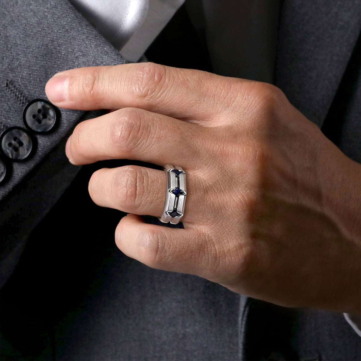 925 Sterling Silver Ring with Princess Cut Sapphire B quality Stations in Horizontal Brush Finish