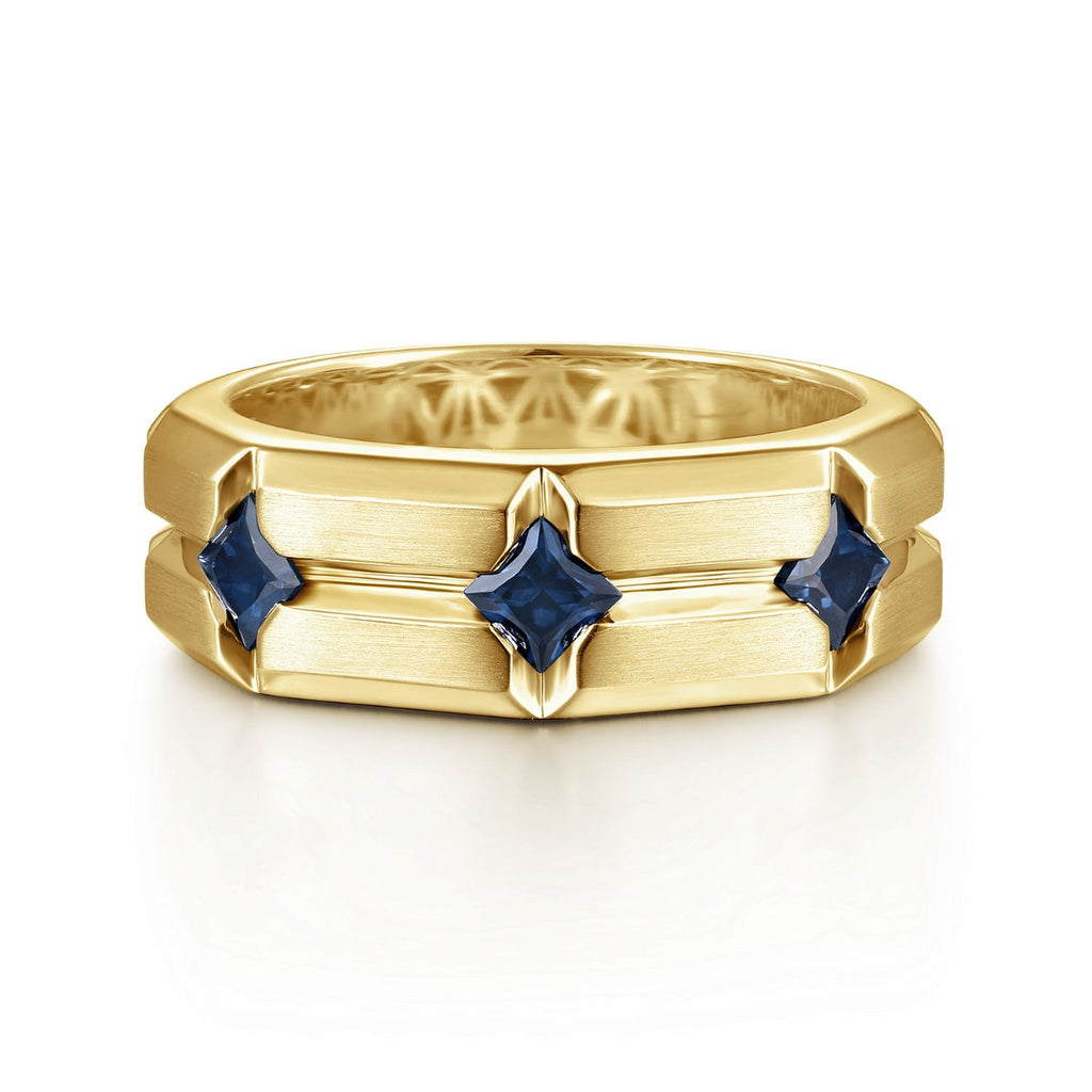 14K Yellow Gold Ring with Princess Cut Sapphire B quality Stations in Horizontal Brush Finish