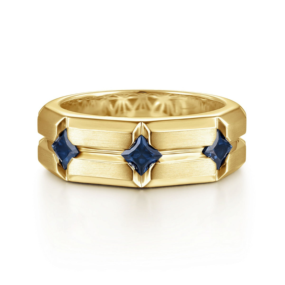 14K Yellow Gold Ring with Princess Cut Sapphire B quality Stations in Horizontal Brush Finish