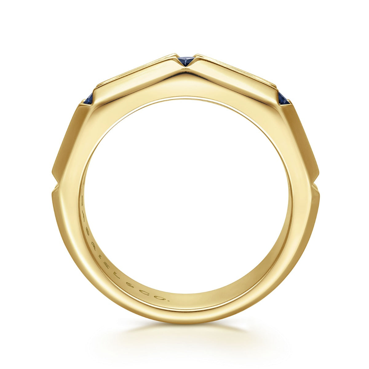 14K Yellow Gold Ring with Princess Cut Sapphire B quality Stations in Horizontal Brush Finish
