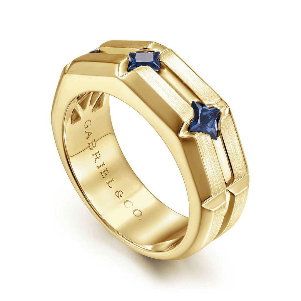 14K Yellow Gold Ring with Princess Cut Sapphire B quality Stations in Horizontal Brush Finish