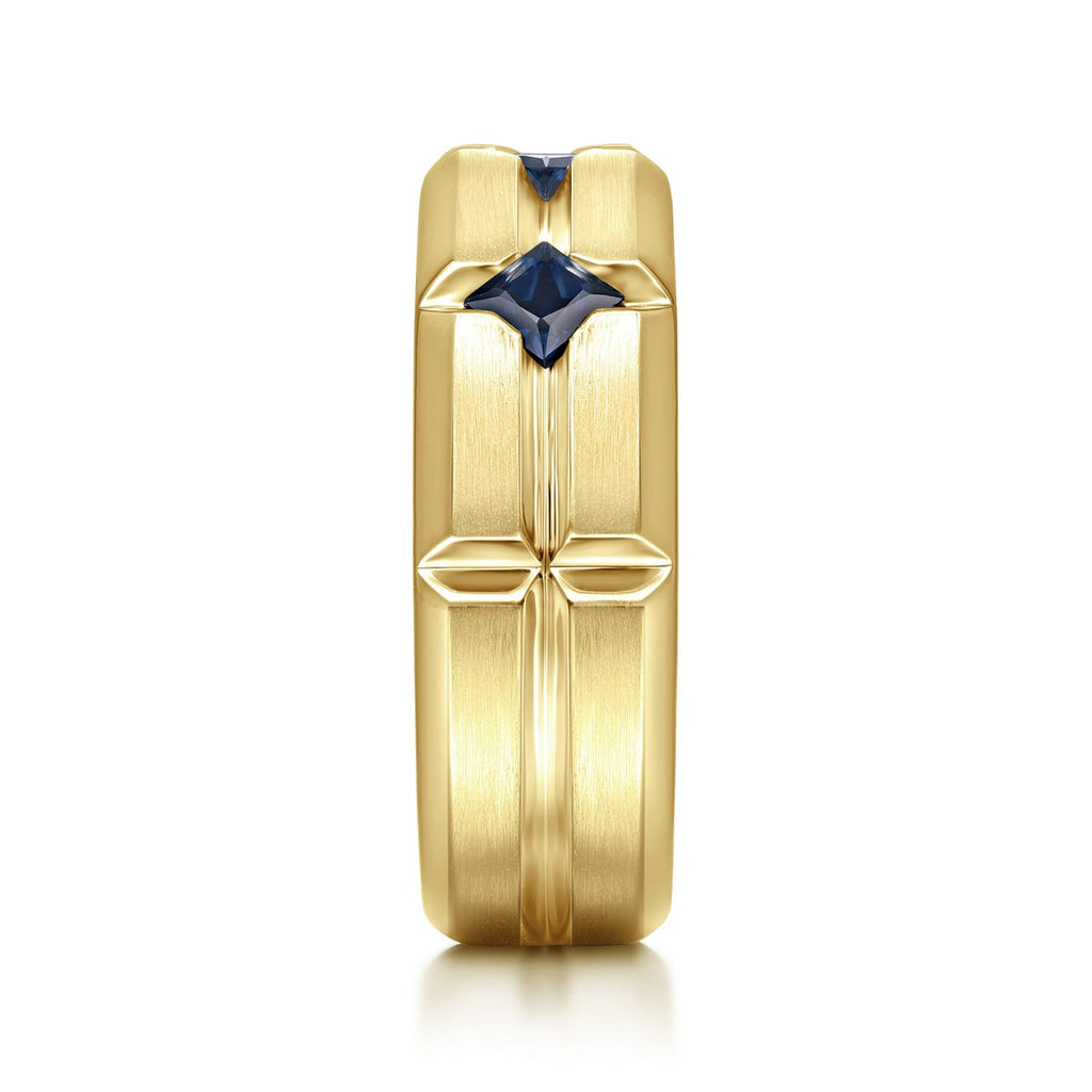 14K Yellow Gold Ring with Princess Cut Sapphire B quality Stations in Horizontal Brush Finish