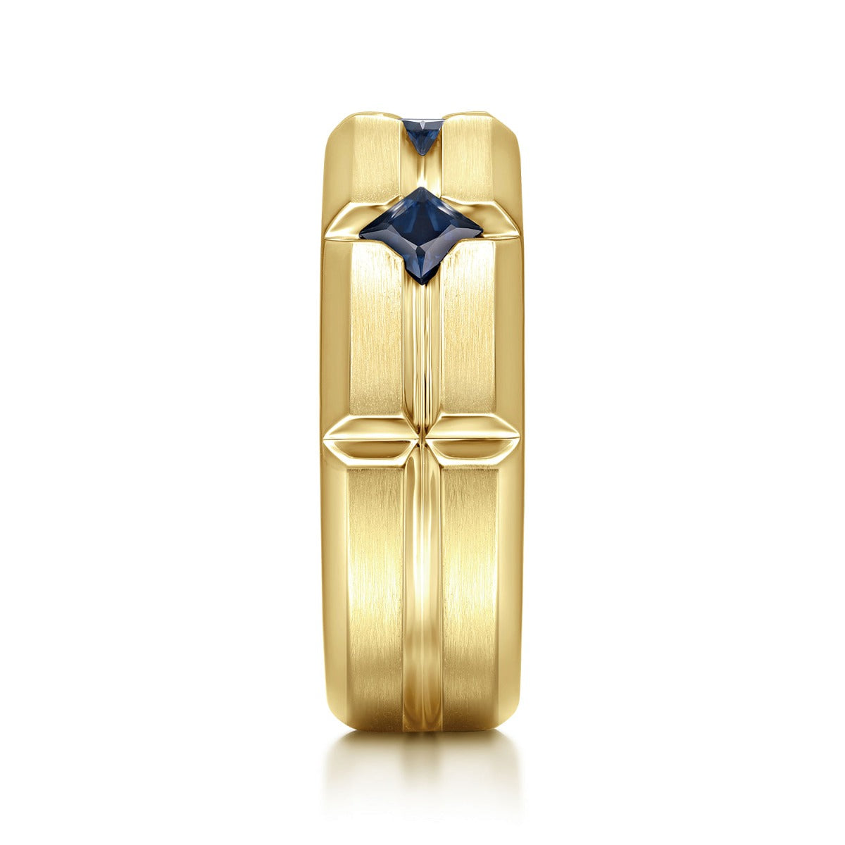 14K Yellow Gold Ring with Princess Cut Sapphire B quality Stations in Horizontal Brush Finish