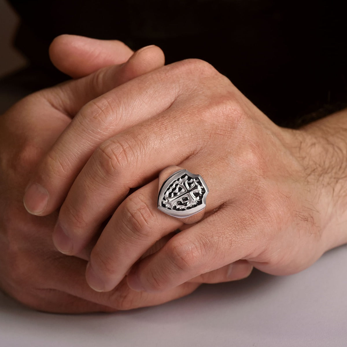Wide 925 Sterling Silver Cross Signet Ring in High Polished Finish