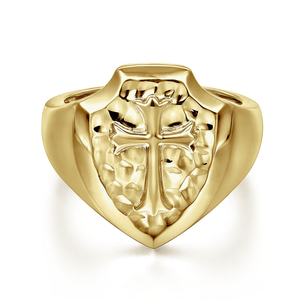 Wide 14K Yellow Gold Cross Signet Ring in High Polished Finish