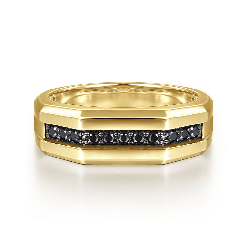 14K Yellow Gold Ring with Black Diamond Inlay in High Polished Finish
