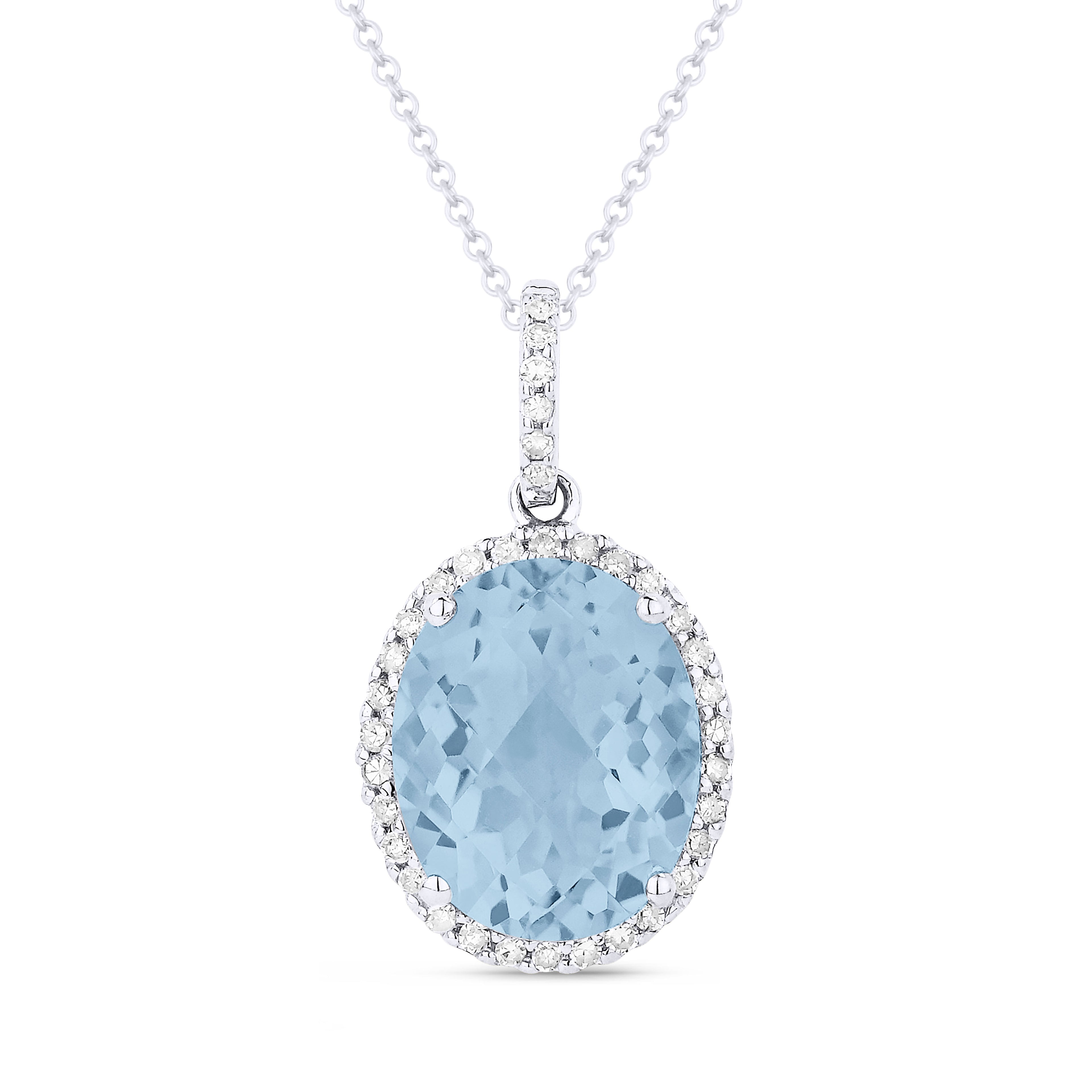 Front View Blue Topaz and Diamond Pendant with Chain in White Gold