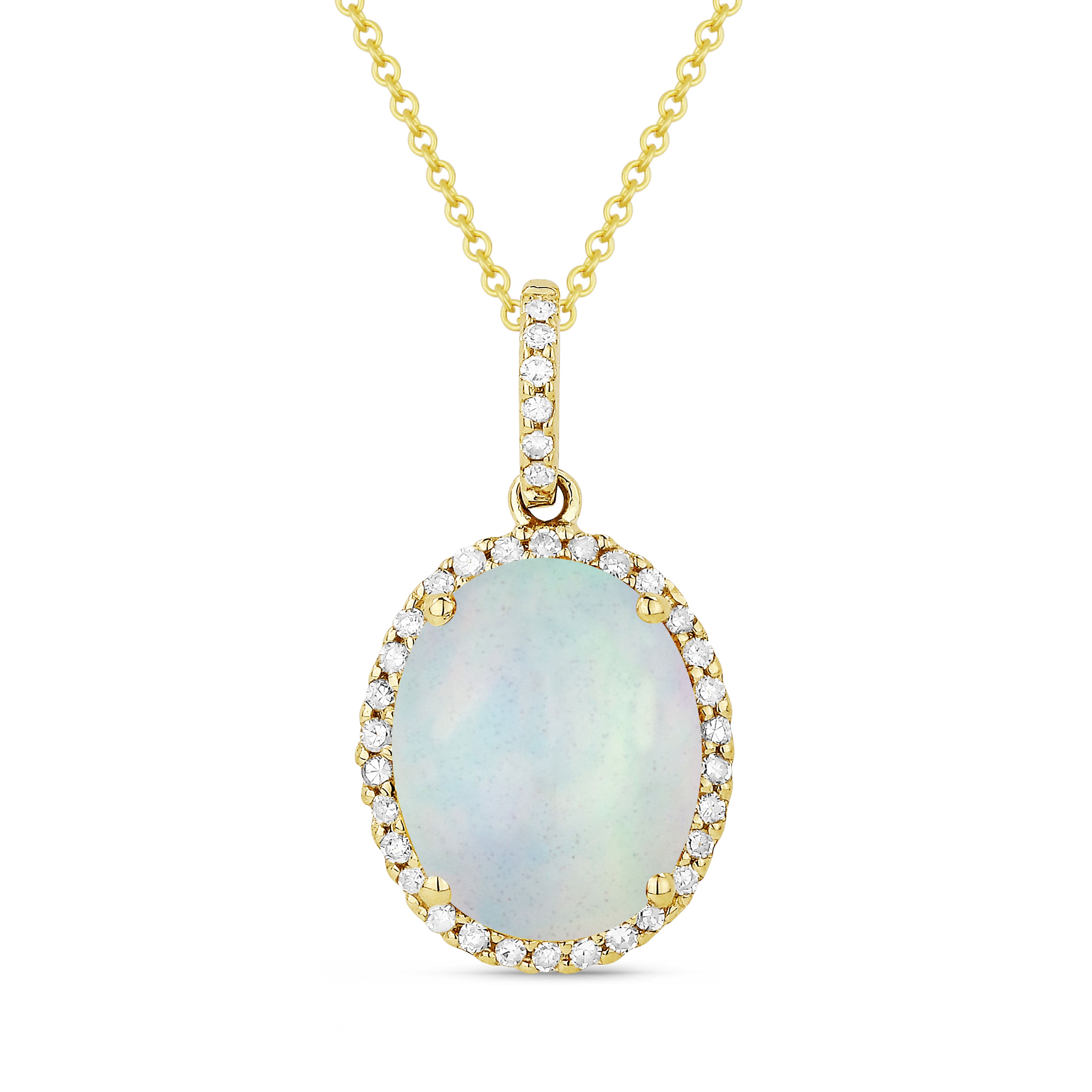 Front View Opal and Diamond Pendant with Chain in Yellow Gold