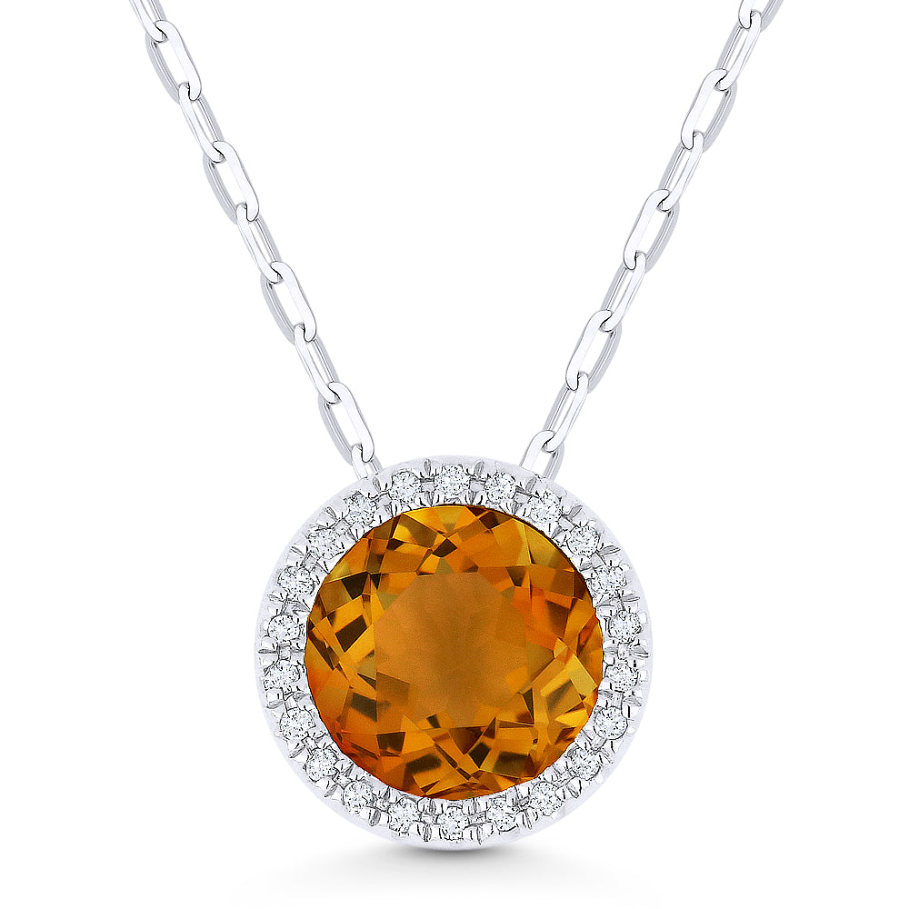 Front View Citrine and Diamond Pendant with Chain in White Gold