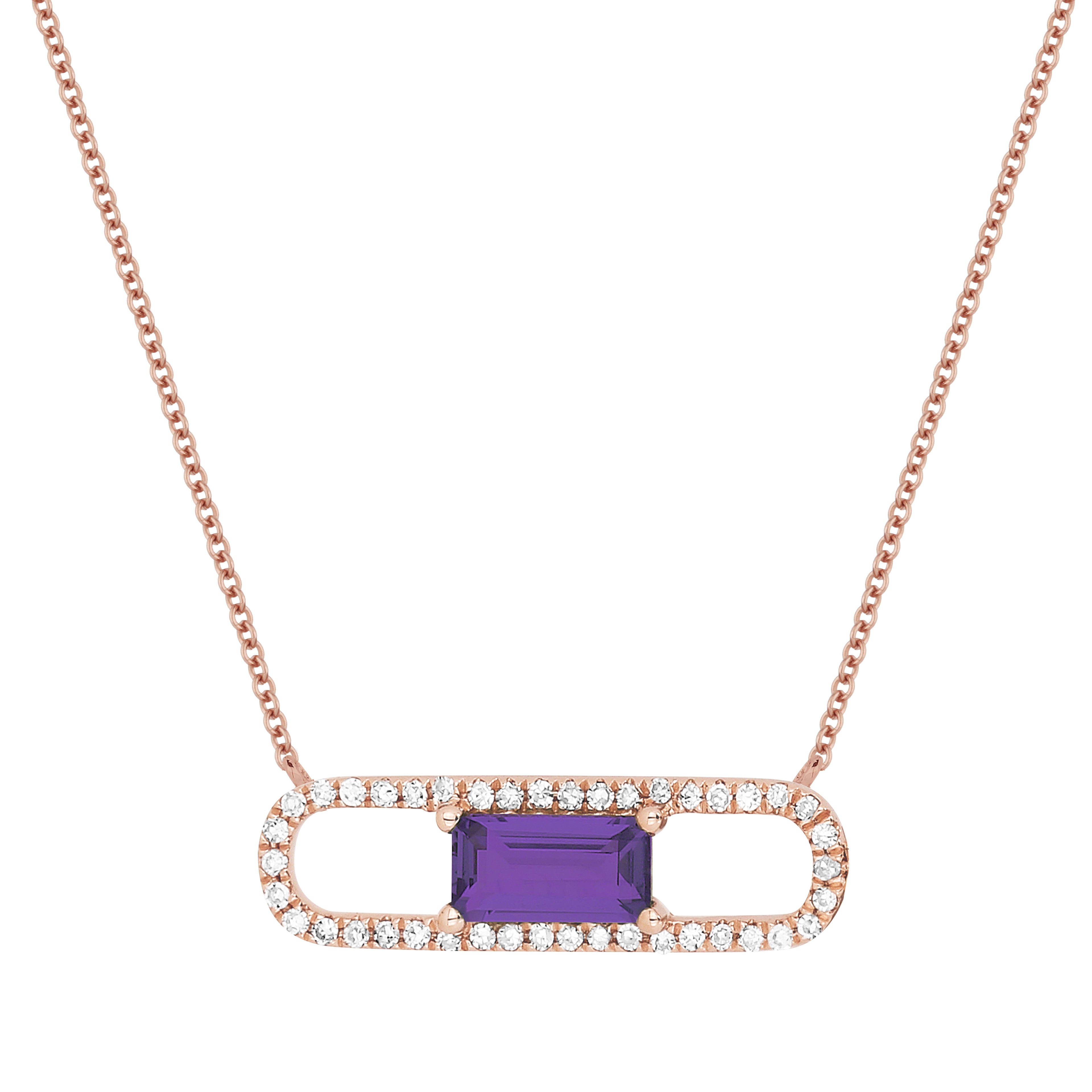 Front View Amethyst and Diamond Pendant with Chain in Rose Gold
