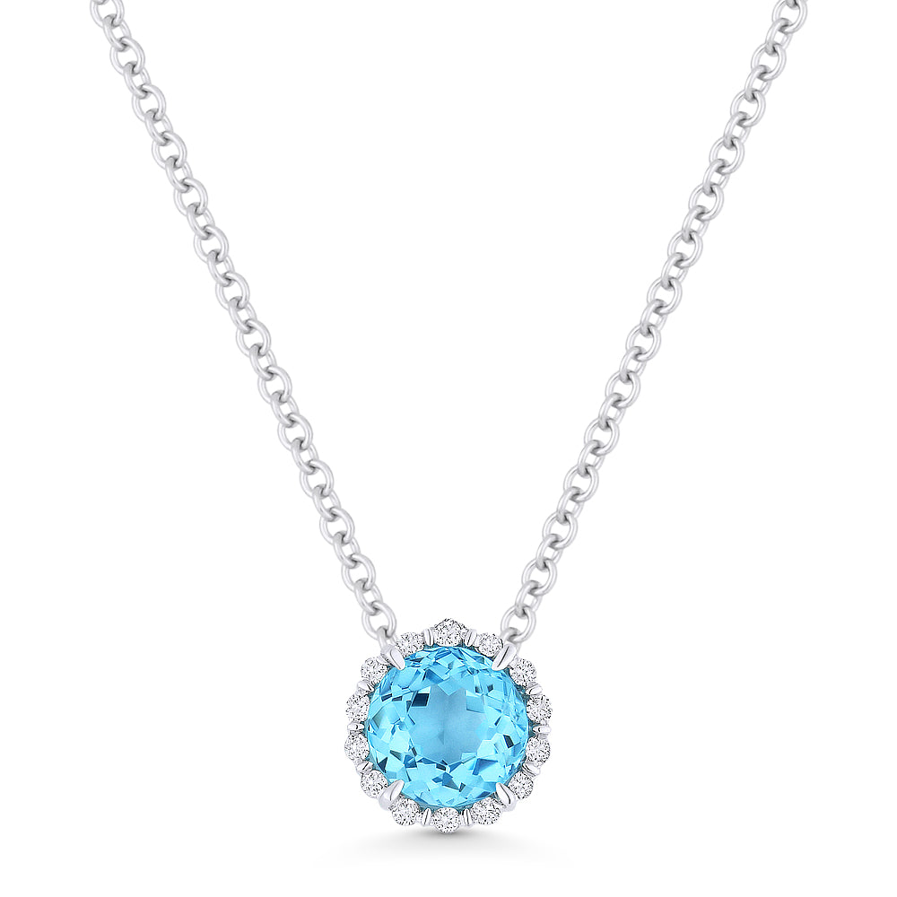 Front View Blue Topaz and Diamond Pendant with Chain in White Gold