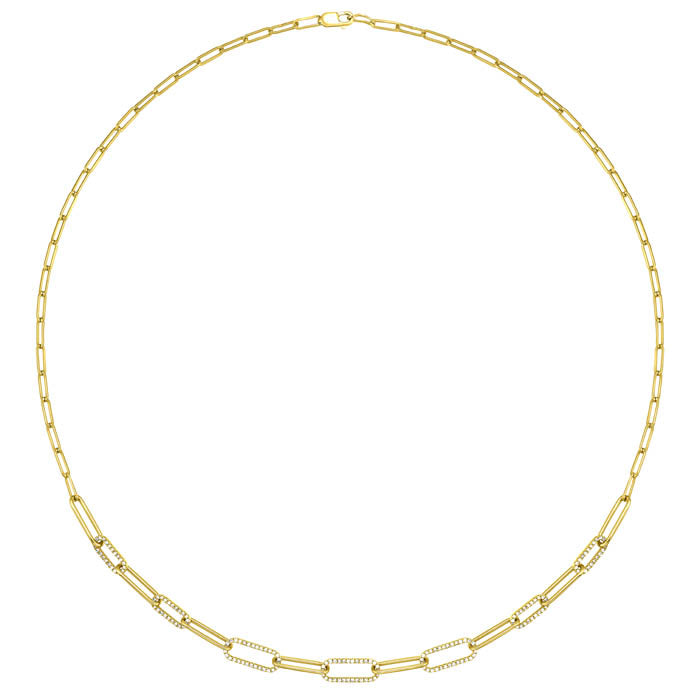 14KT Yellow Gold and Diamond Paperclip Necklace Top View