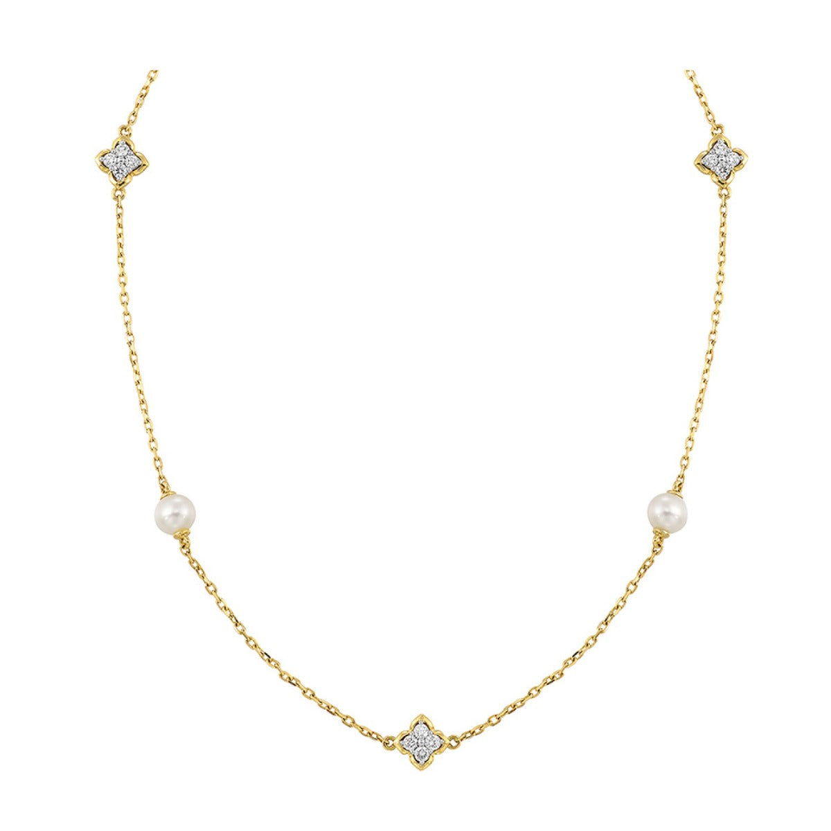 14K Yellow Gold Diamond and Pearl Station Necklace