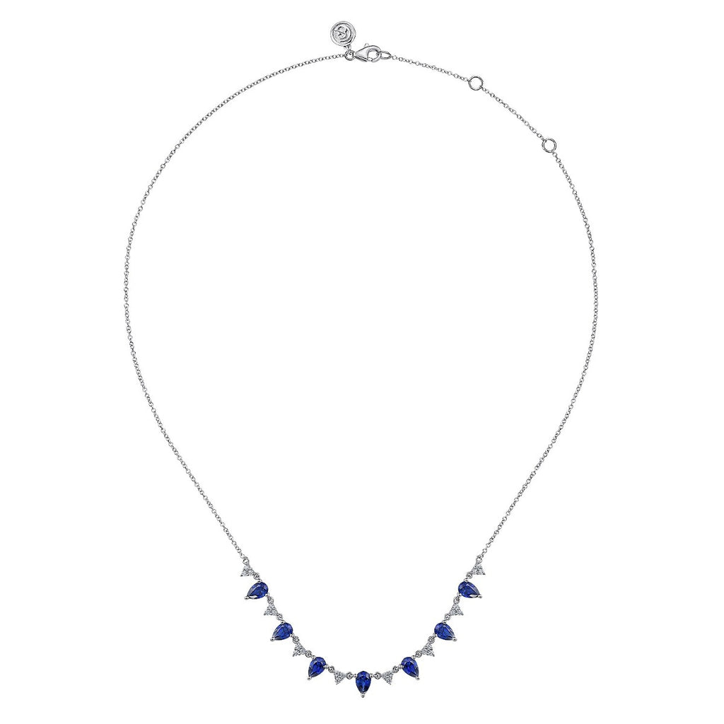 14K White Gold Diamond and Teardrop Blue Sapphire Station Necklace
