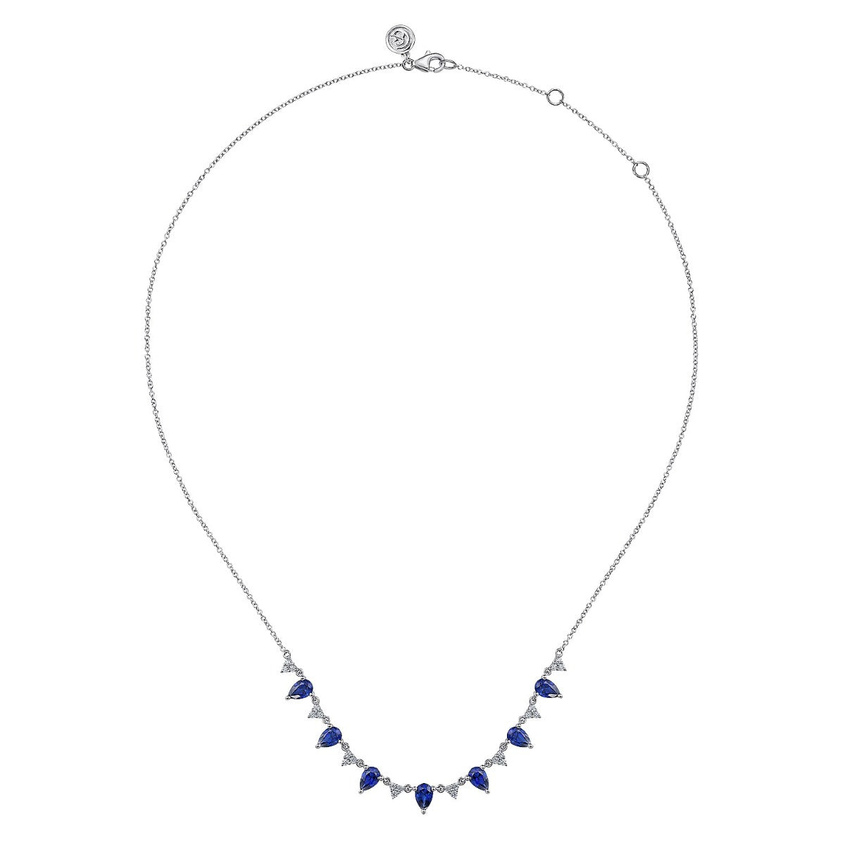 14K White Gold Diamond and Teardrop Blue Sapphire Station Necklace