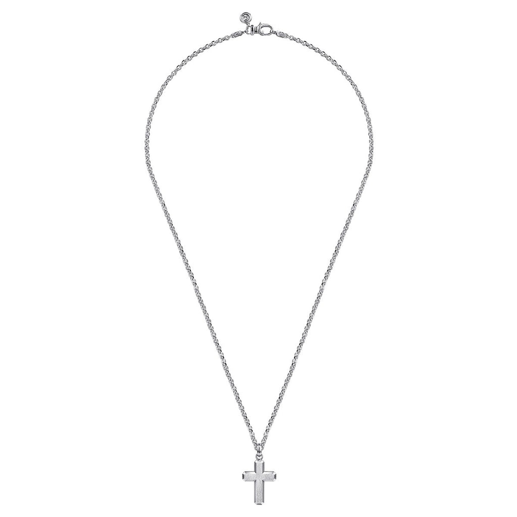 22 Inch 925 Sterling Silver Brushed Cross Pendant Necklace