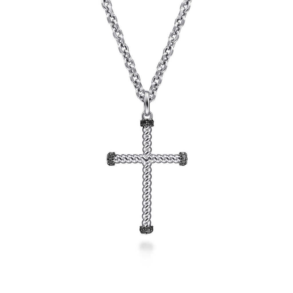 22 Inch 925 Sterling Silver Black Spinel Twisted Rope Cross Pendant Necklace