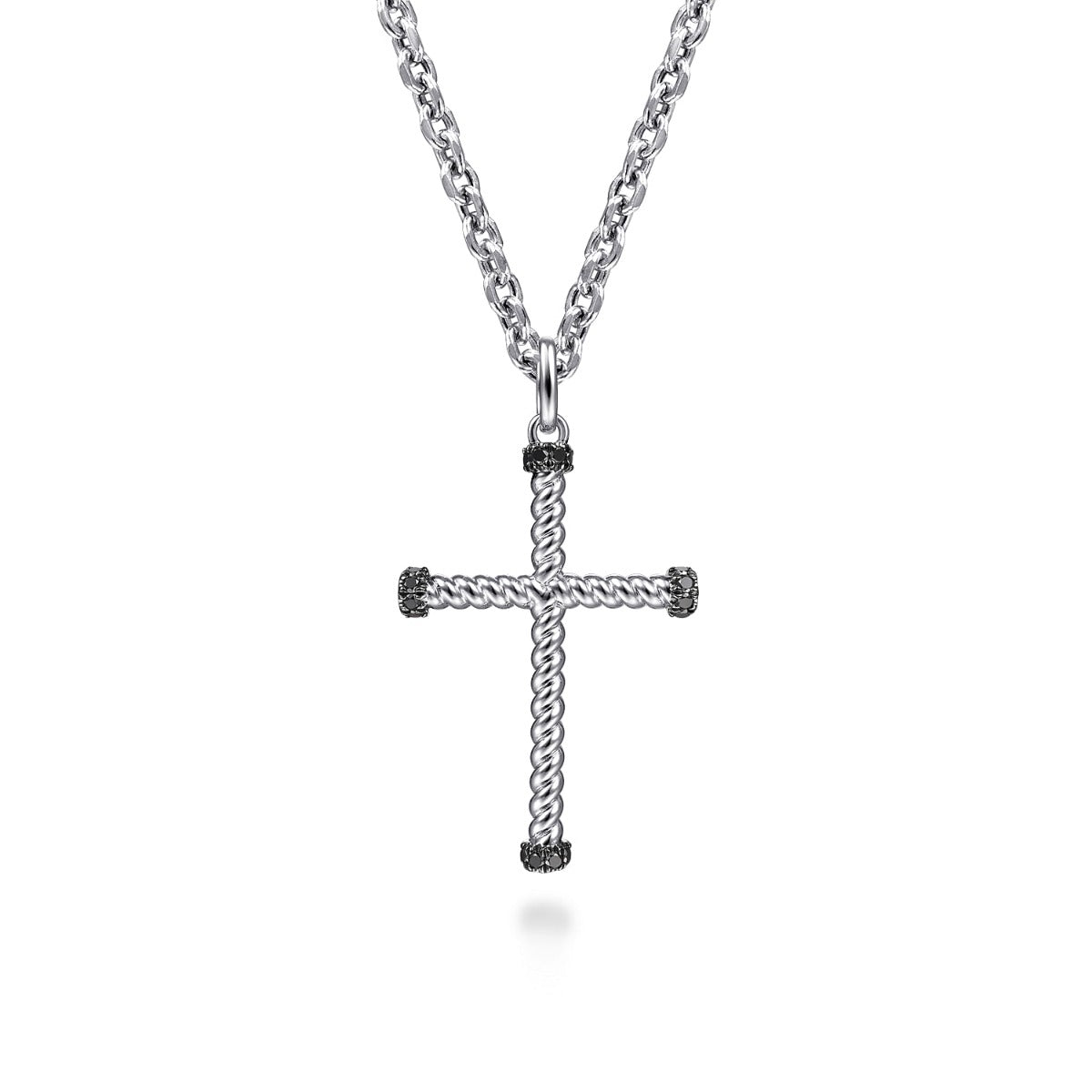 22 Inch 925 Sterling Silver Black Spinel Twisted Rope Cross Pendant Necklace