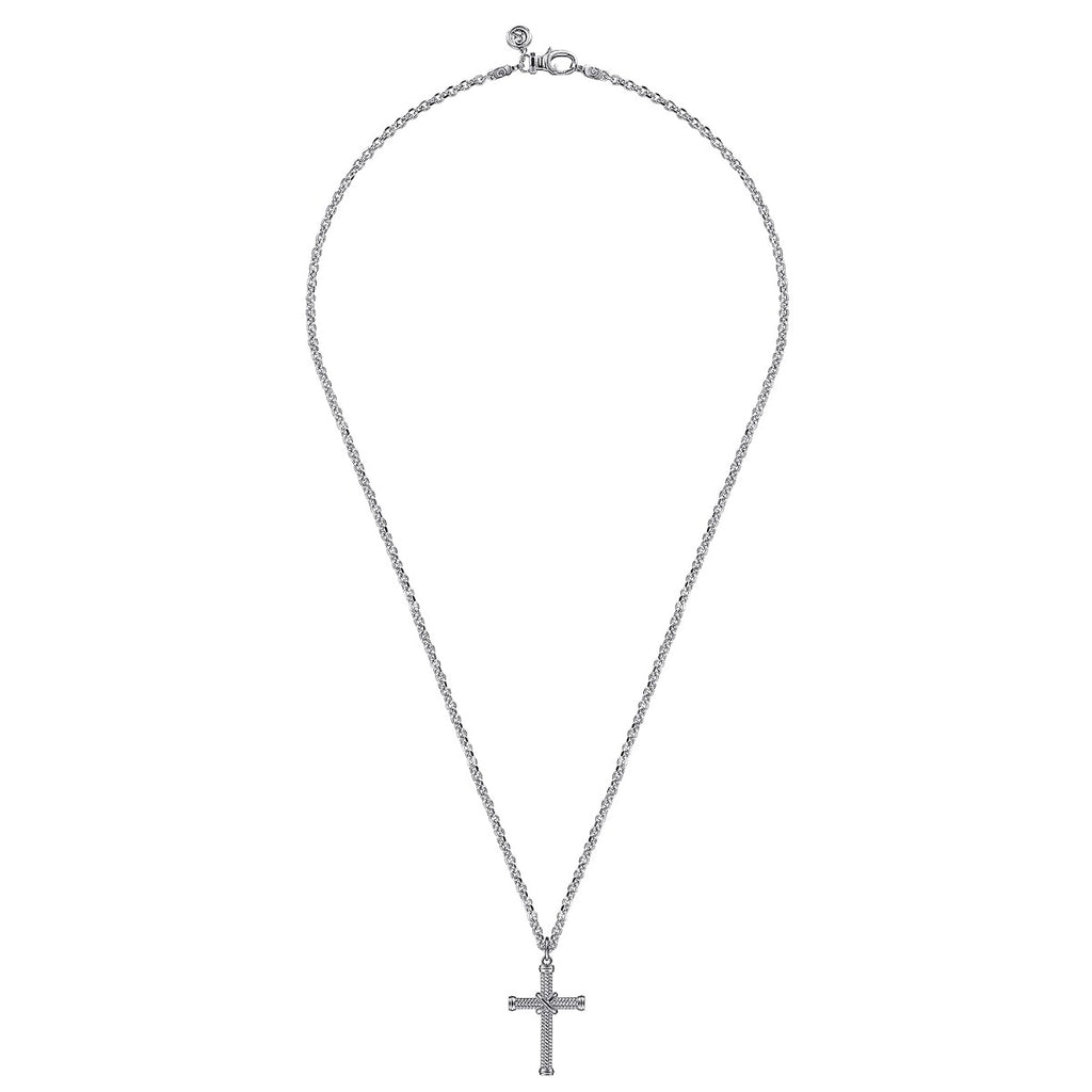 22 Inch 925 Sterling Silver X Center Twisted Rope Cross Pendant Necklace