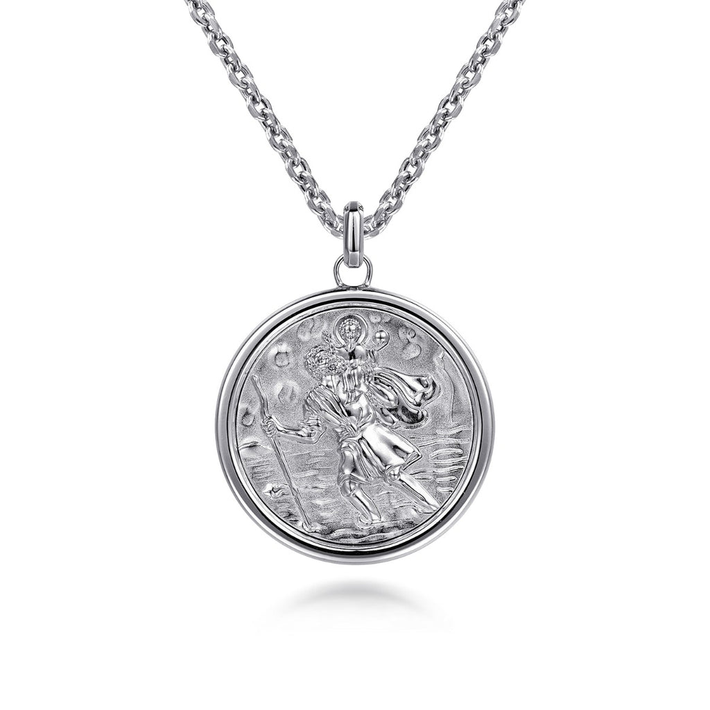 22 Inch 925 Sterling Silver Round St Christopher Protect US Pendant Necklace