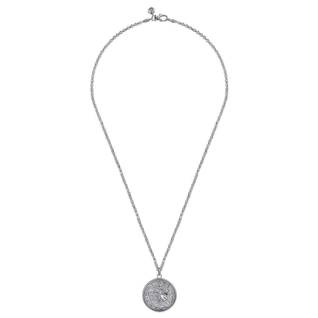 22 Inch 925 Sterling Silver Round St Christopher Protect US Pendant Necklace