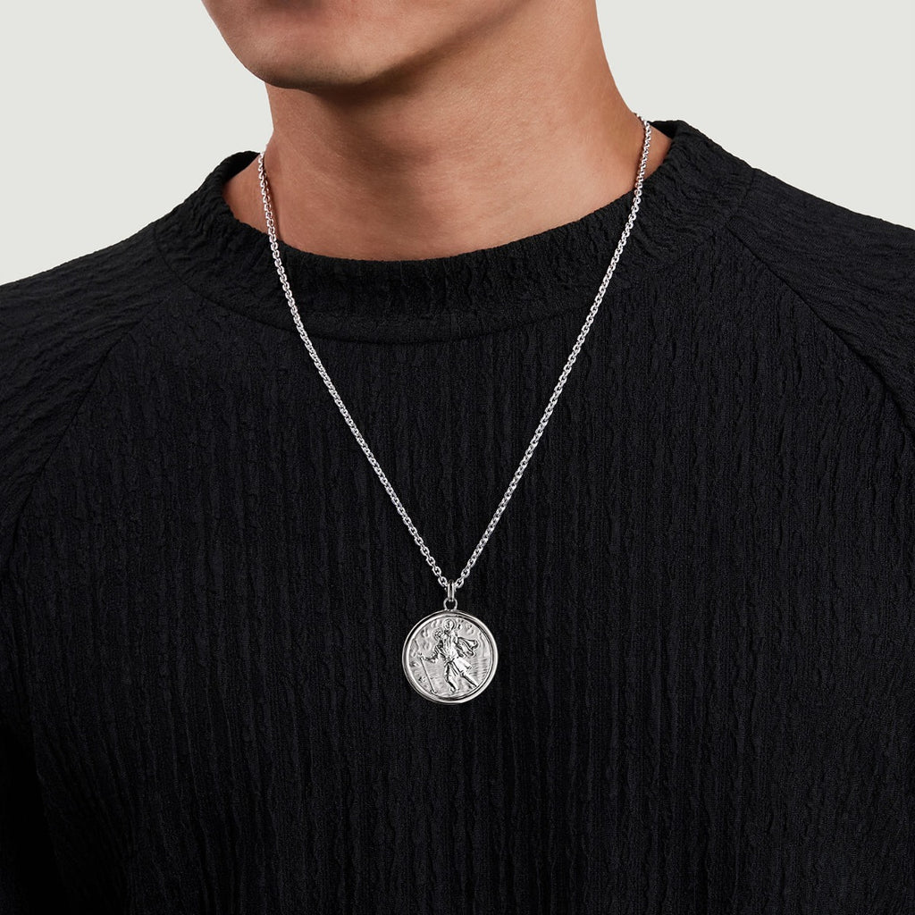 22 Inch 925 Sterling Silver Round St Christopher Protect US Pendant Necklace