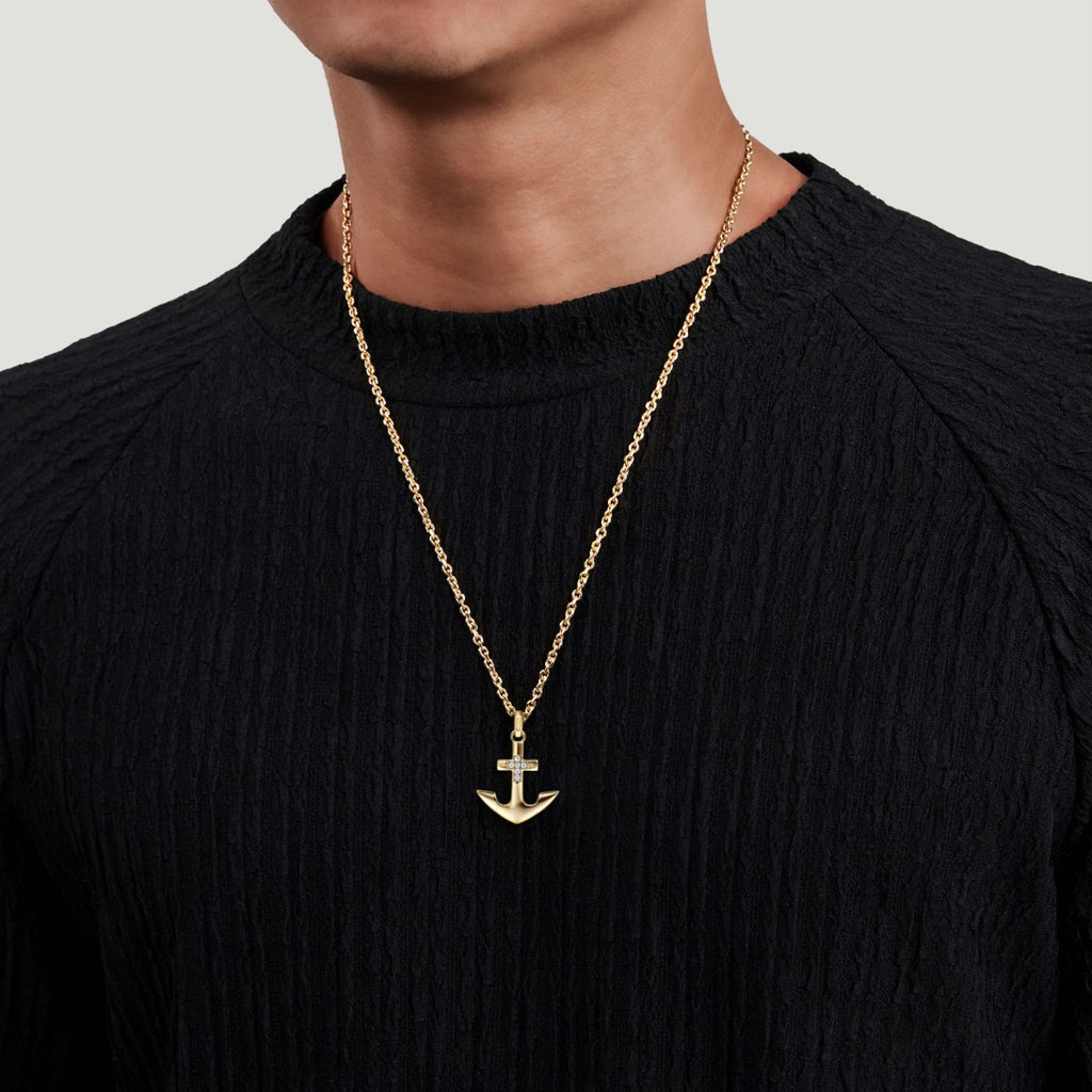 22 Inch 14K Yellow Gold Wheat Diamond Anchor Pendant Necklace