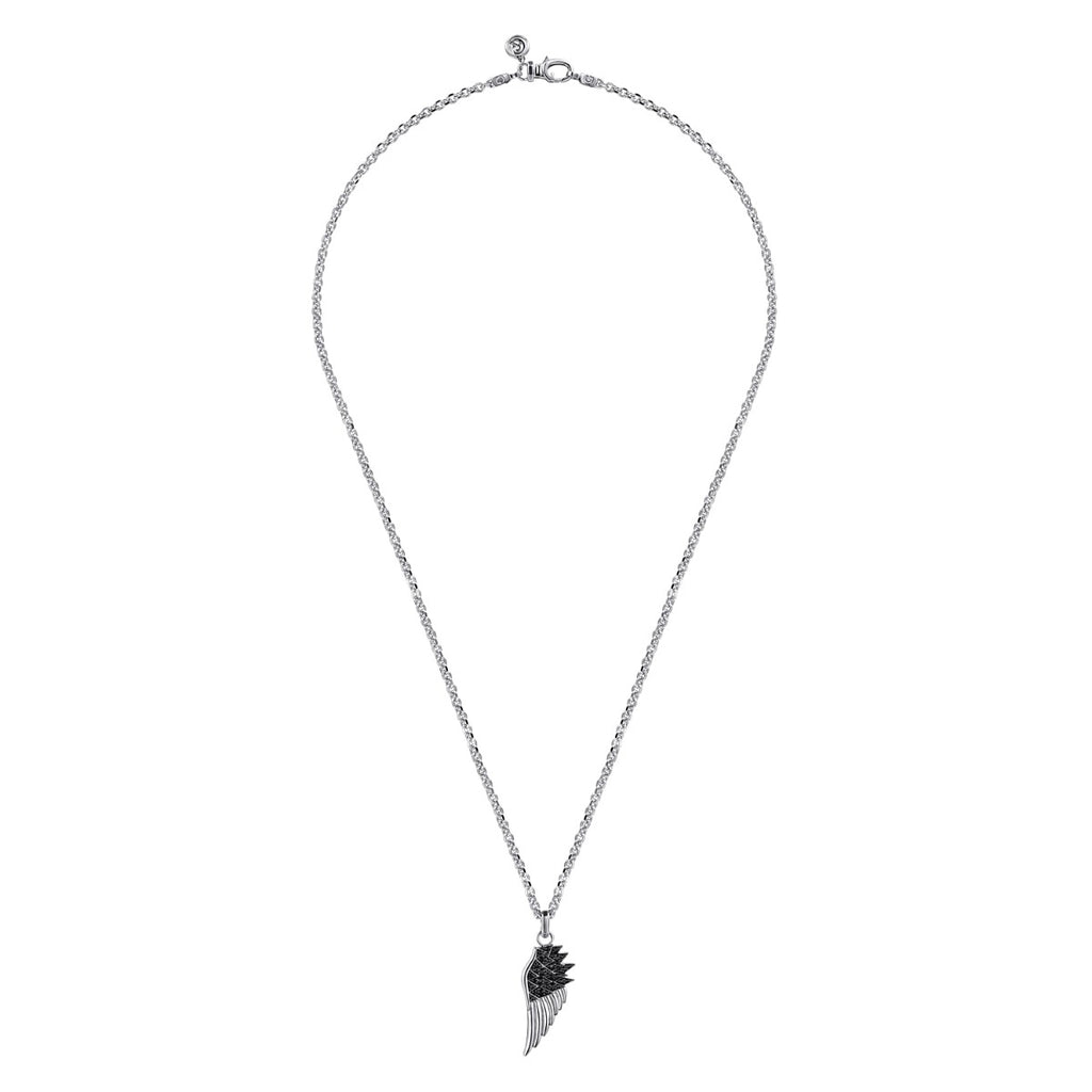 22 Inch 925 Sterling Silver Black Spinel Wing Pendant Necklace