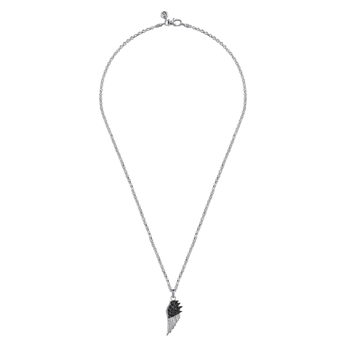22 Inch 925 Sterling Silver Black Spinel Wing Pendant Necklace