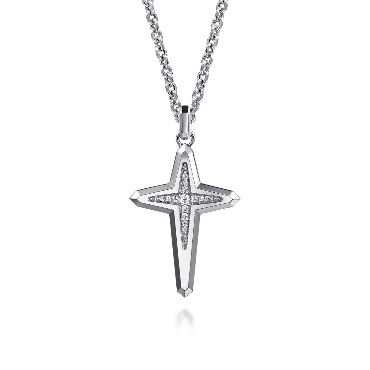 22 Inch 925 Sterling Silver Diamond Cross Pendant Necklace