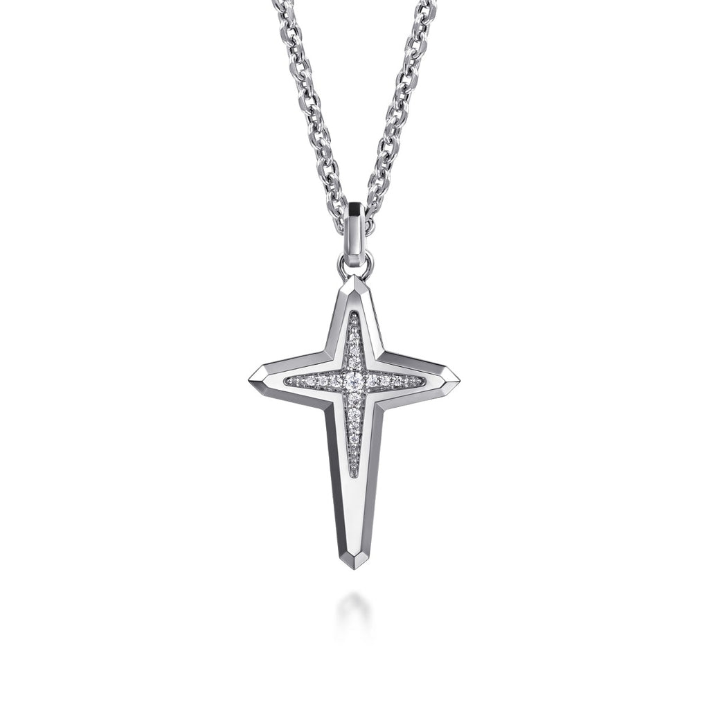 22 Inch 925 Sterling Silver Diamond Cross Pendant Necklace