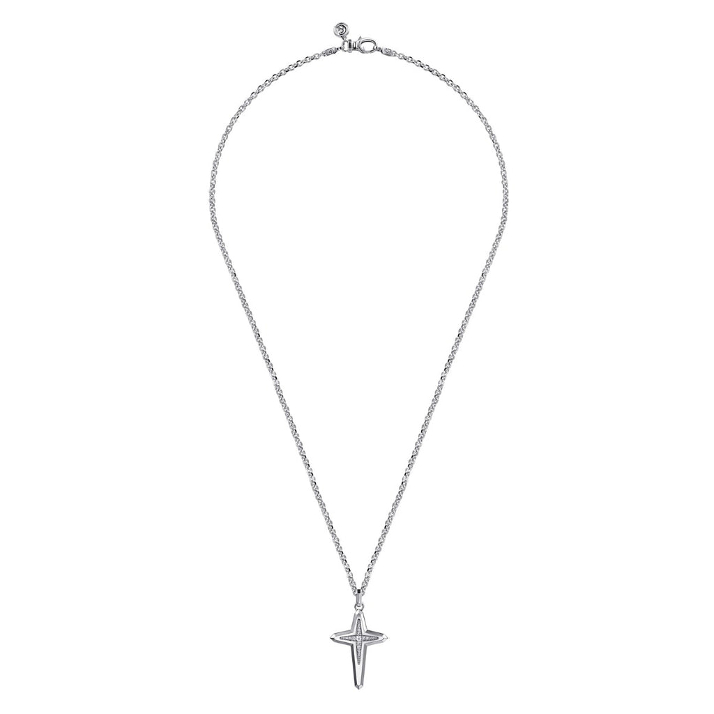 22 Inch 925 Sterling Silver Diamond Cross Pendant Necklace