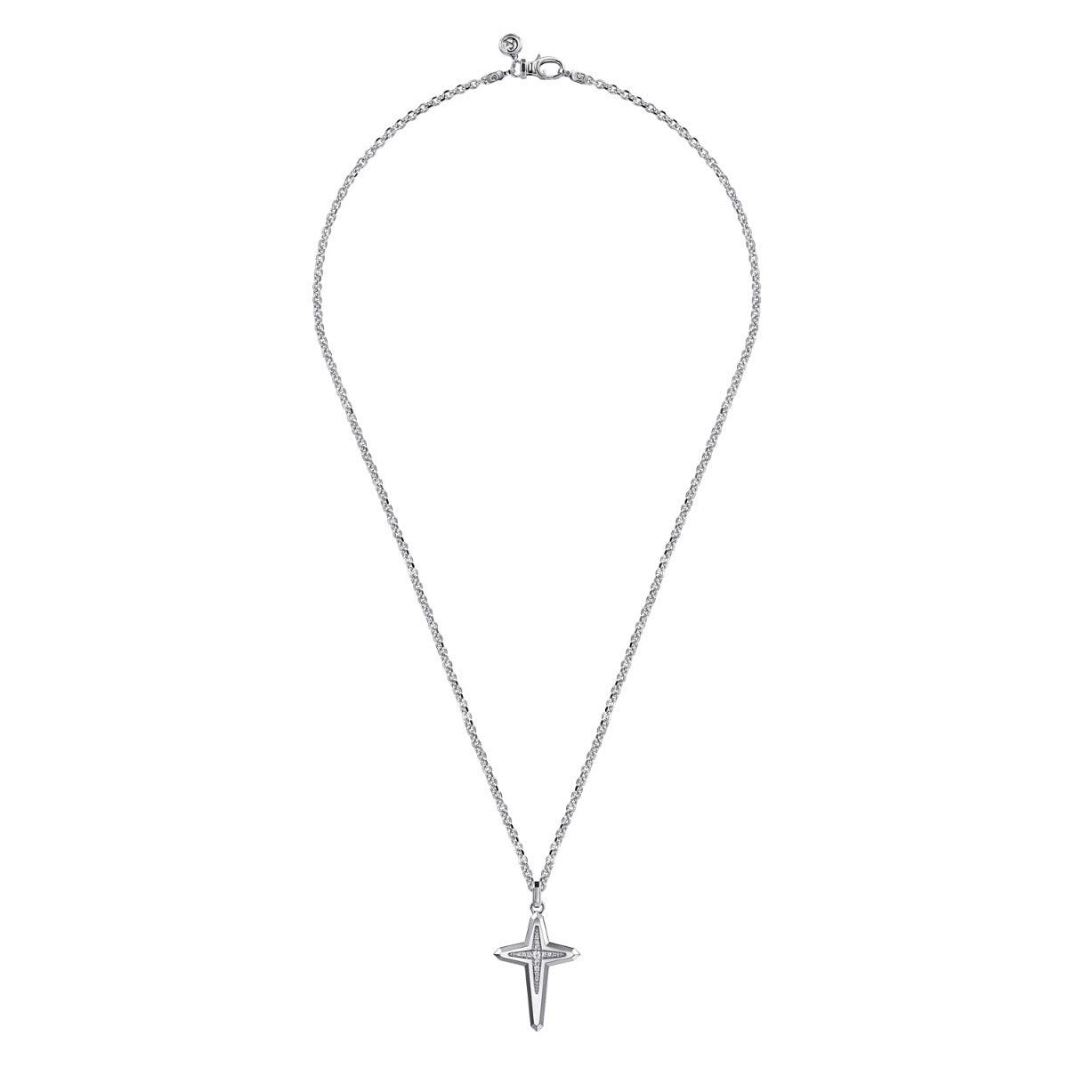 22 Inch 925 Sterling Silver Diamond Cross Pendant Necklace