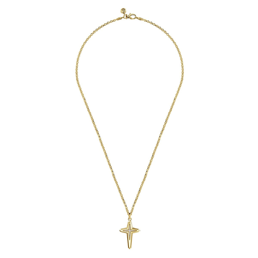 22 Inch 14K Yellow Gold Diamond Cross Pendant Necklace